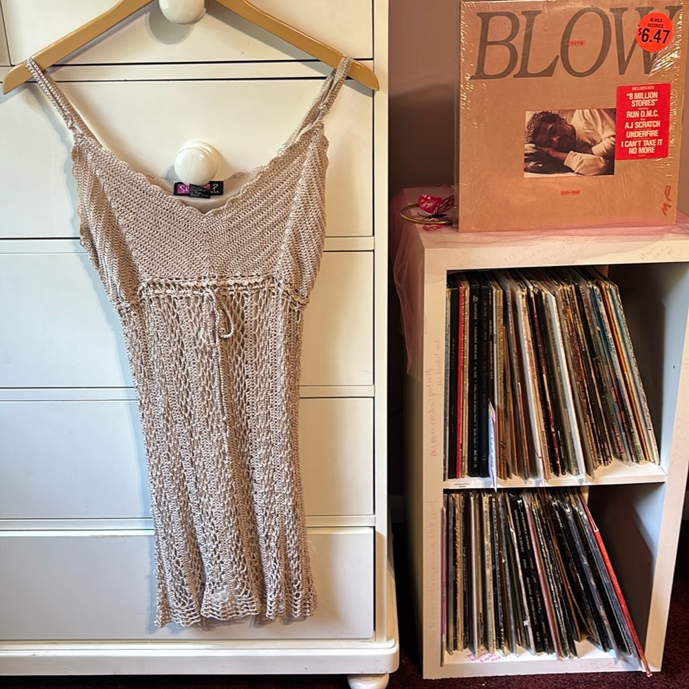 Vintage Y2K Top Crochet Boho Cami Tank Camisole Milkmaid Tan Tunic Knit Festival